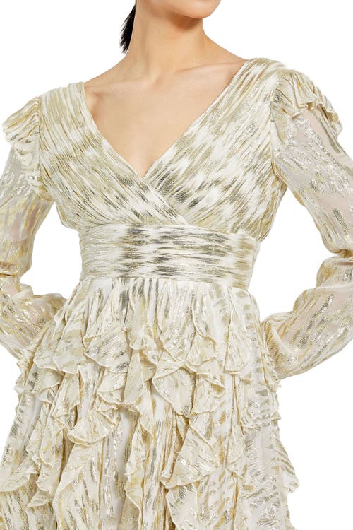 Mac Duggal Long Sleeve Ruched Ruffle Mini Dress In Gold Multi