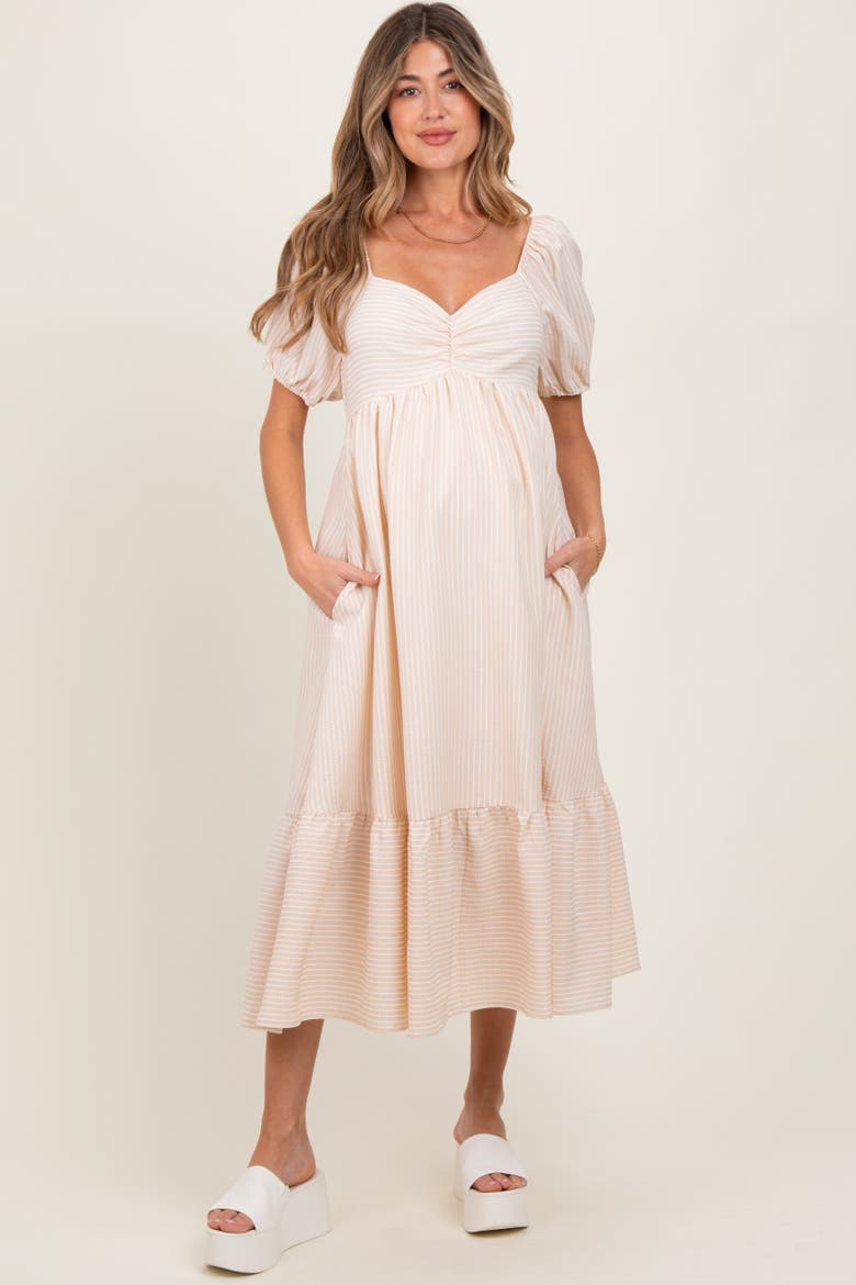 Sweetheart Stripe Smocked Back Midi Dress, Main, color, Beige