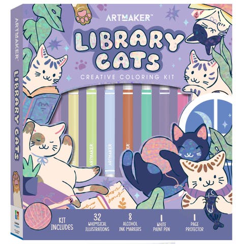Library Cats, Creative Coloring Kit, Adult Activity Set, 32 Designs