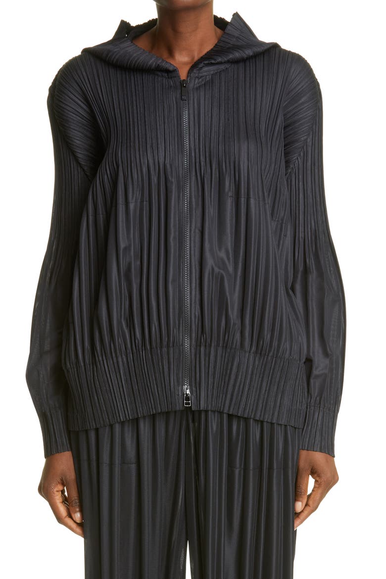 Pleated Zip Front Hoodie, Main, color, BLACK