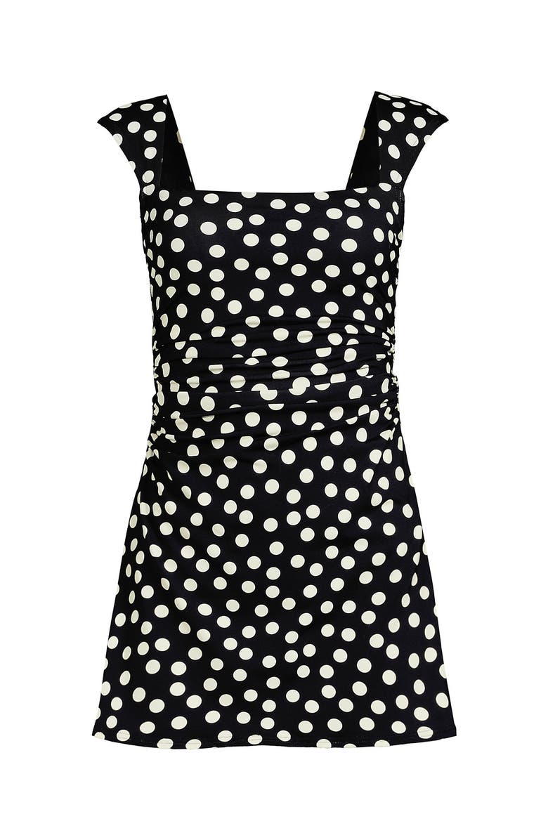 Lands' End Chlorine Resistant Square Neck Ruched Swim Dress One Piece Swimsuit, Alternate, color, Black/Egret White Tossed Dots