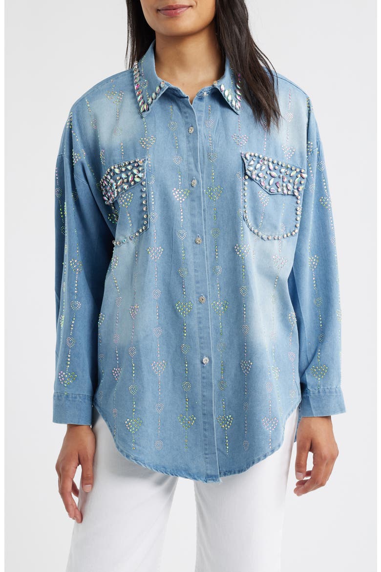 Keyla Embellished Button-Up Shirt, Main, color, BLUE