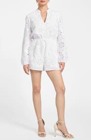 GUESS Hazel Floral Embroidered Long Sleeve Cotton Voile Romper