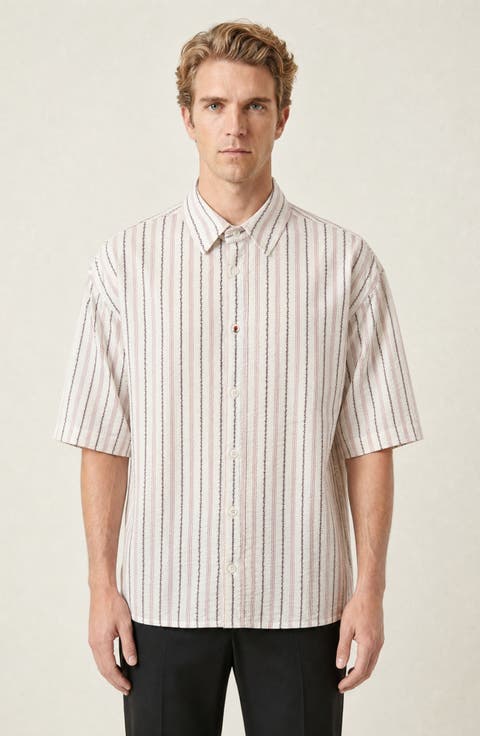 Striped Embroidered Short Sleeve Button Up Shirt