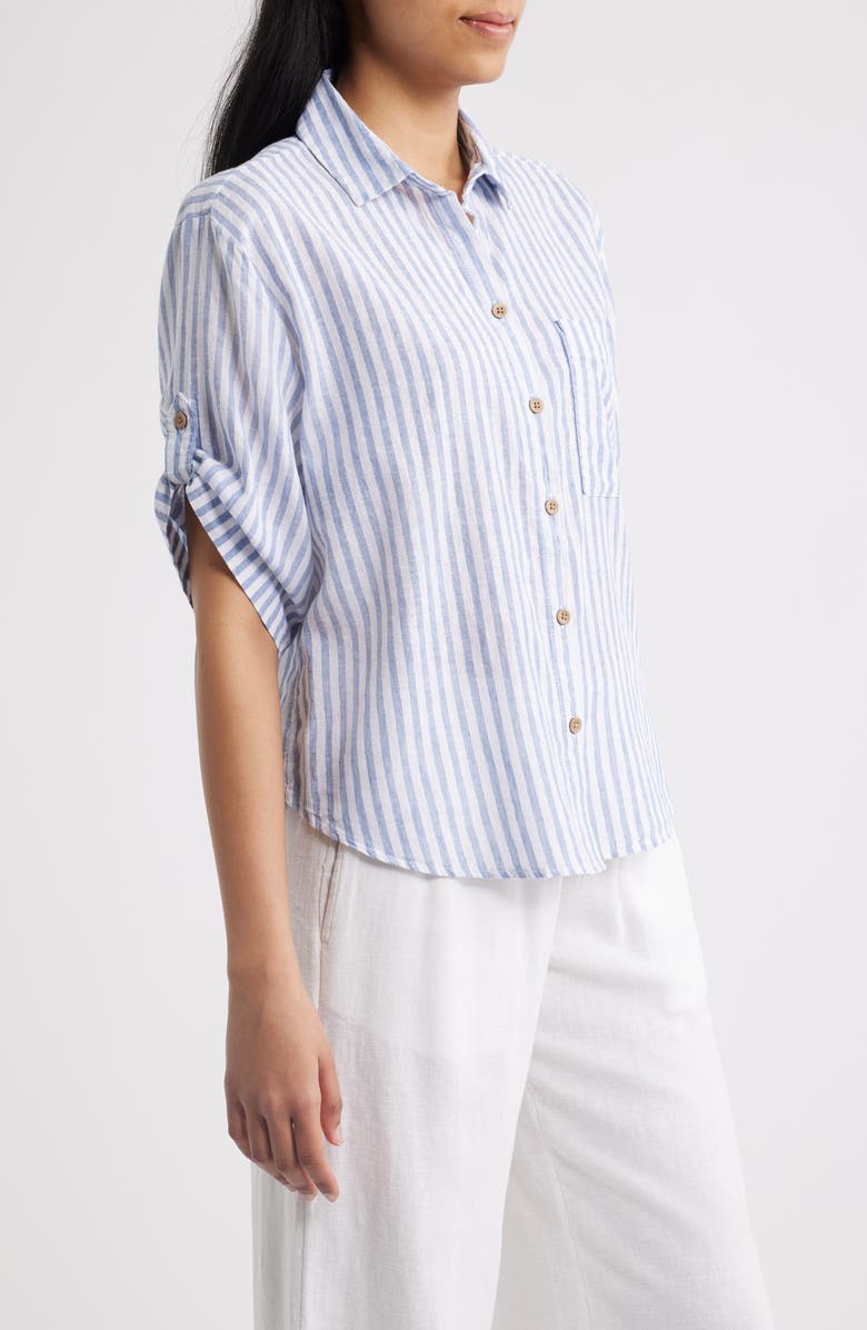 beachlunchlounge Mason Short Sleeve Stripe Button-Up Shirt, Alternate, color, Misty Lines