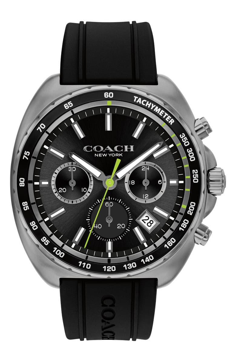 COACH Charter Chronograph Silicone Strap Watch, 44.5mm, Main, color, Black