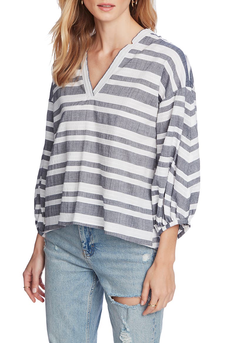 Braided Gauze Stripe V-Neck Top, Alternate, color, BLUE NIGHT