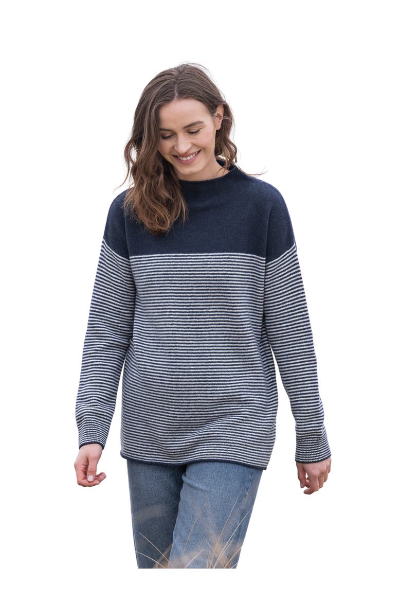 Felted Funnel Neck Sweater, Main, color, NAVY / ECRU STRIPE