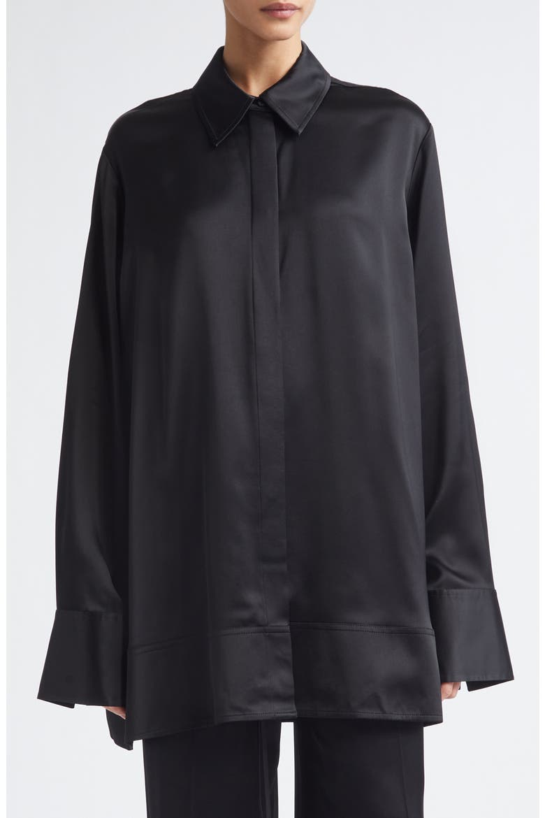 Oversize Soft Tuxedo Button-Up Shirt, Main, color, BLACK