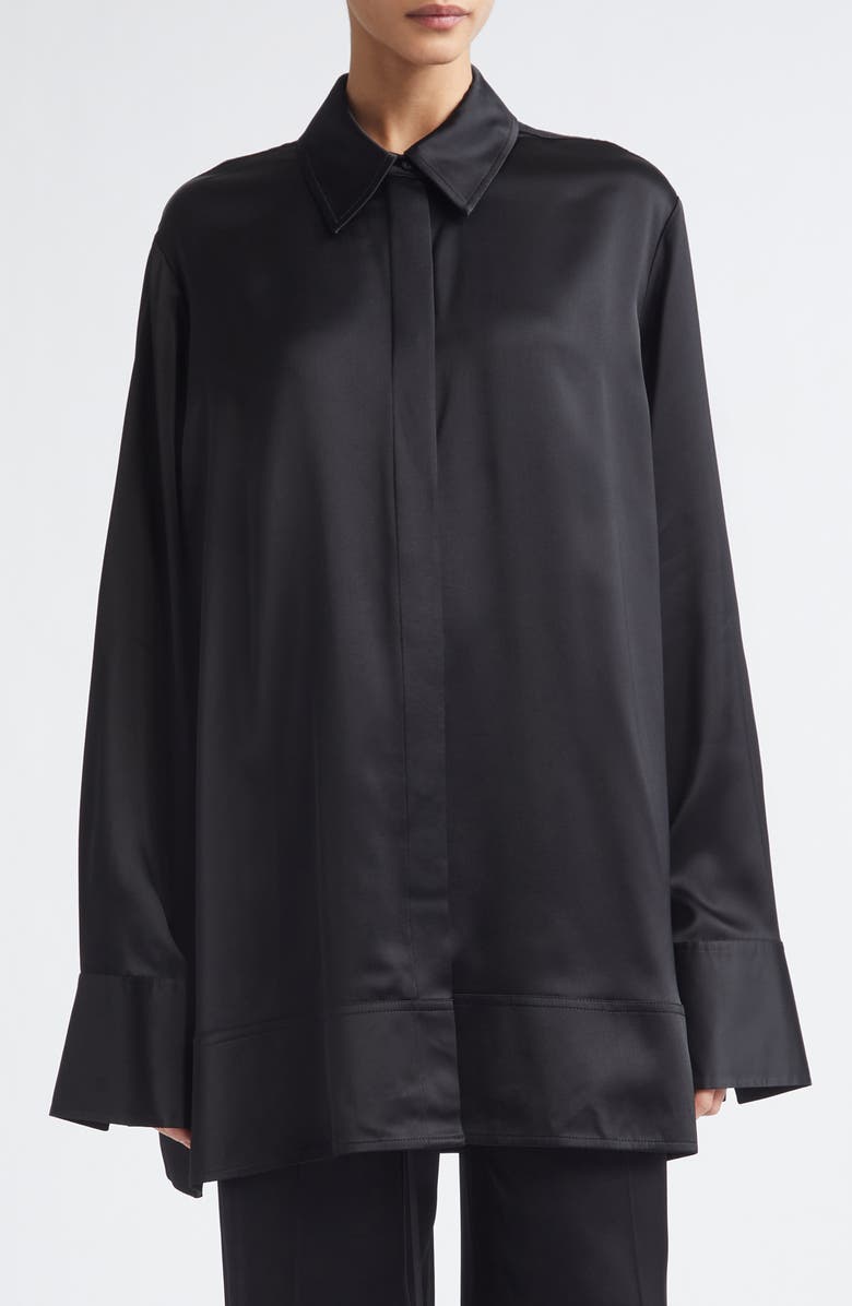 TOTEME Oversize Soft Tuxedo Button-Up Shirt, Main, color, Black