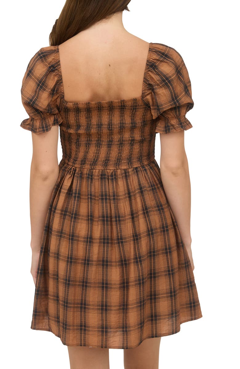 Blu Pepper Plaid Puff Sleeve Smocked Fit & Flare Minidress, Alternate, color, Brown Multi