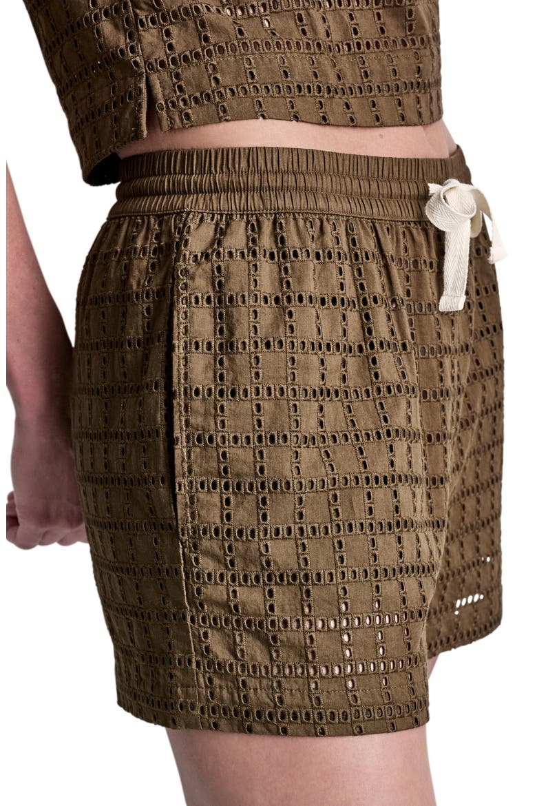 Geometric Eyelet Relaxed Drawstring Shorts, Alternate, color, MOCHA
