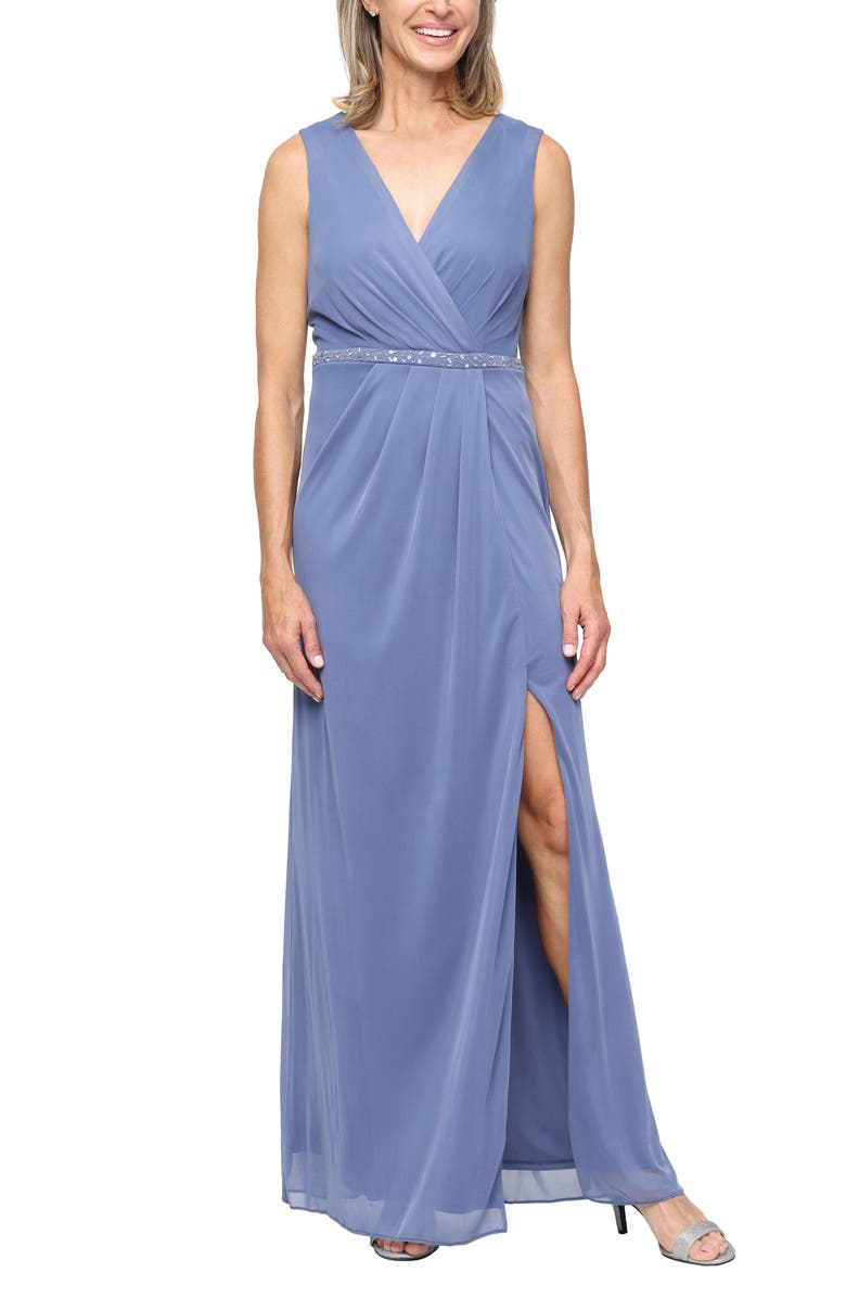 SL FASHIONS Sleeveless Surplice Neck Gown with Jacket, Alternate, color, Dusty Blue