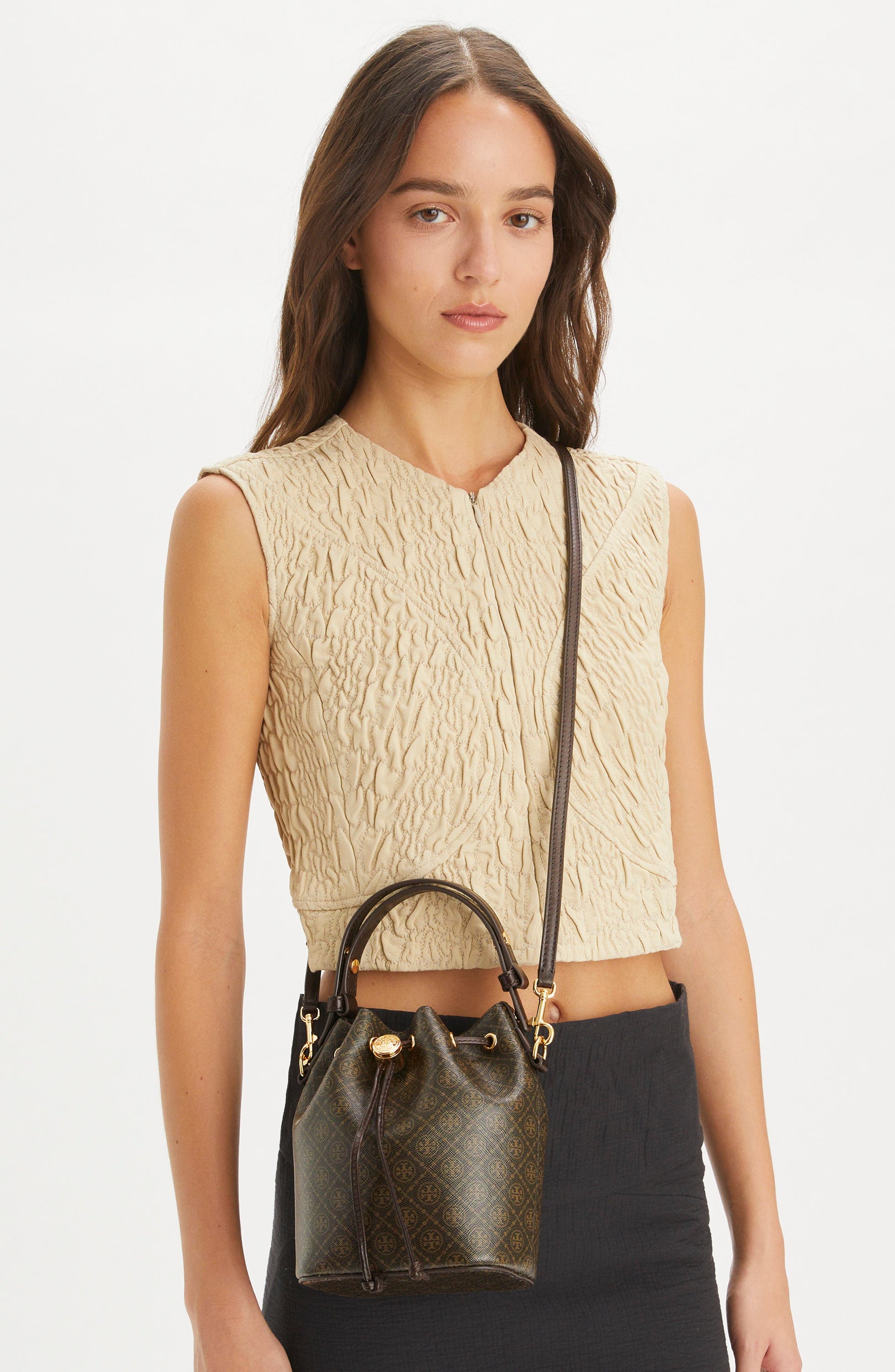 Tory Burch Mini T Monogram Coated Canvas Bucket Bag, Alternate, color, French Press