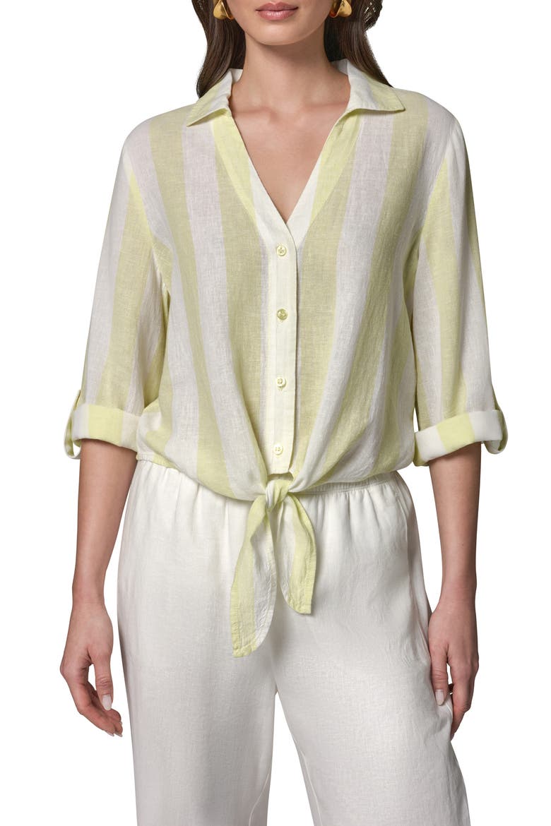 Yarn Dye Stripe Crop Linen Blend Button-Up Shirt, Main, color, LIMONCEL/ C