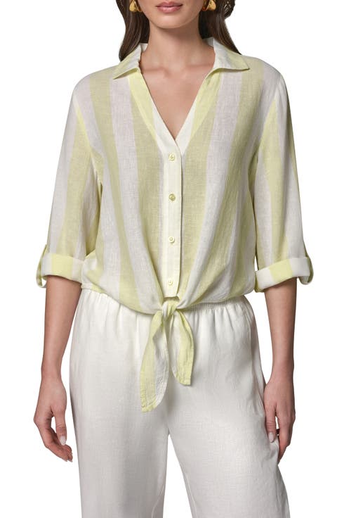 Yarn Dye Stripe Crop Linen Blend Button-Up Shirt