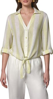 Donna Karan New York Yarn Dye Stripe Crop Linen Blend Button-Up Shirt