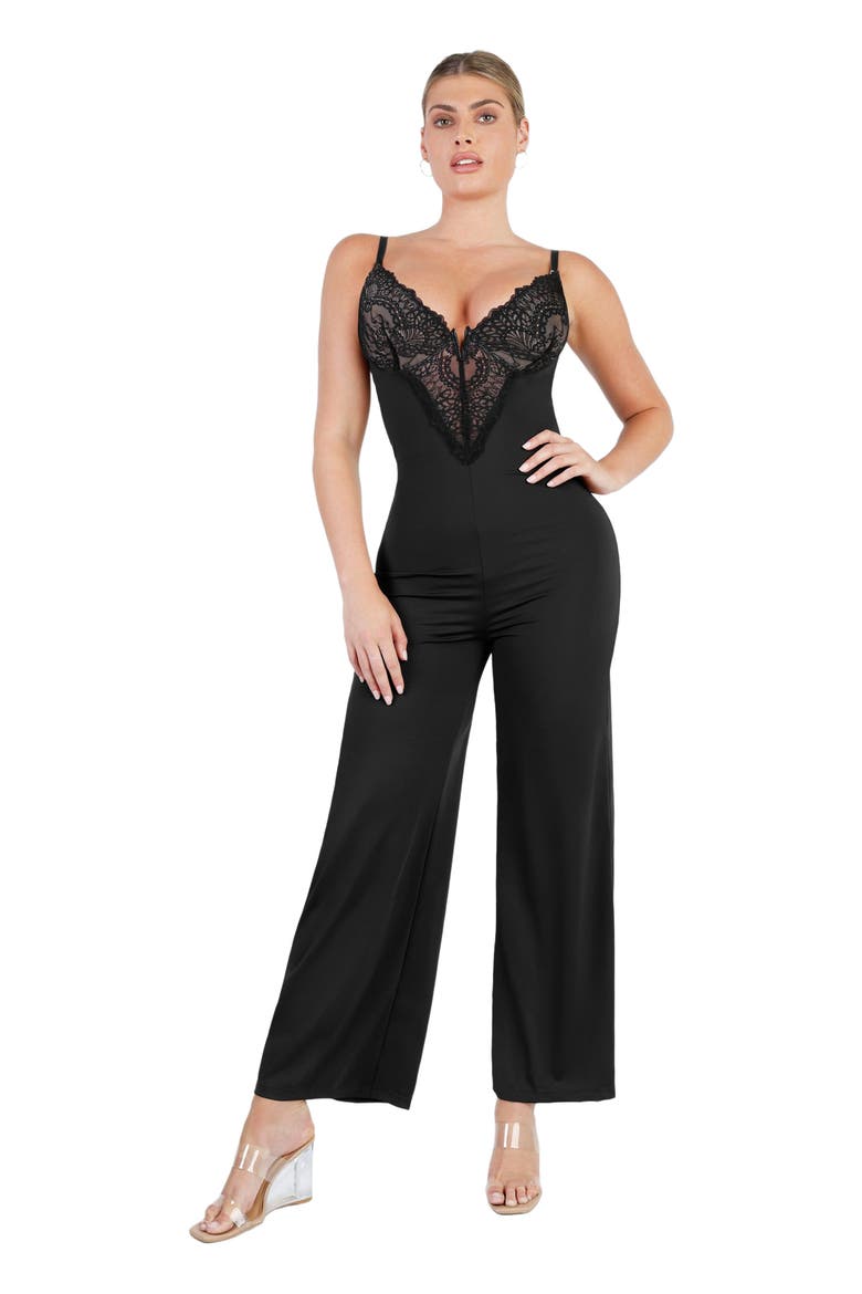 Shapewear Lace Deep V-Neck Sculpting Wide Leg Jumpsuit, Main, color, Midnight Black
