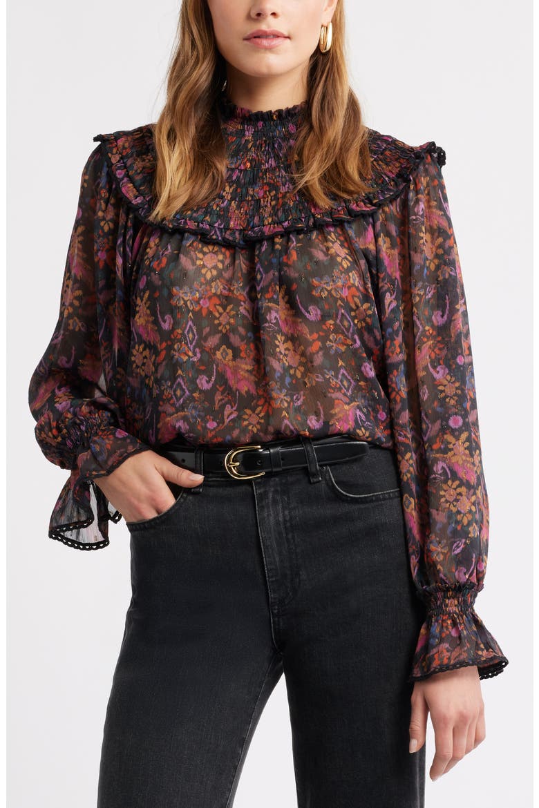 Floral Metallic Smocked Yoke Top, Main, color, BLACK- PURPLE ROSE TAPESTRY