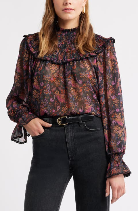 Floral Metallic Smocked Yoke Top