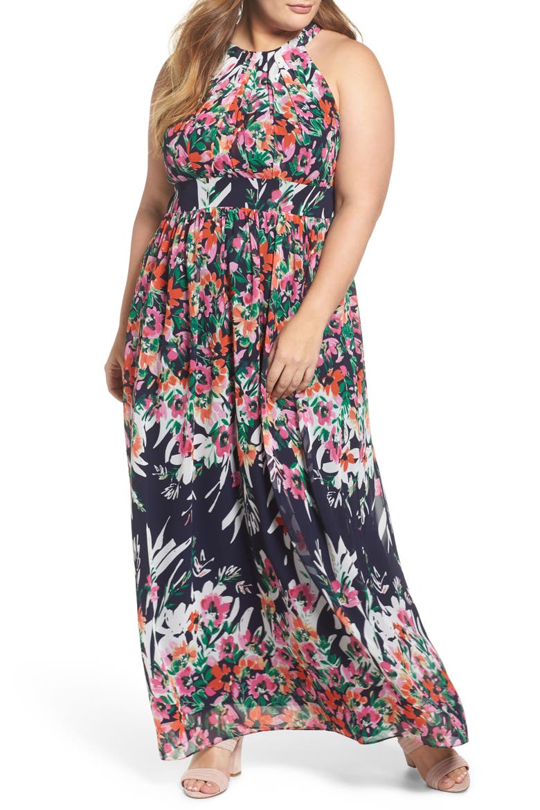 Floral Halter Chiffon Maxi Dress, Main, color, NAVY/ PINK