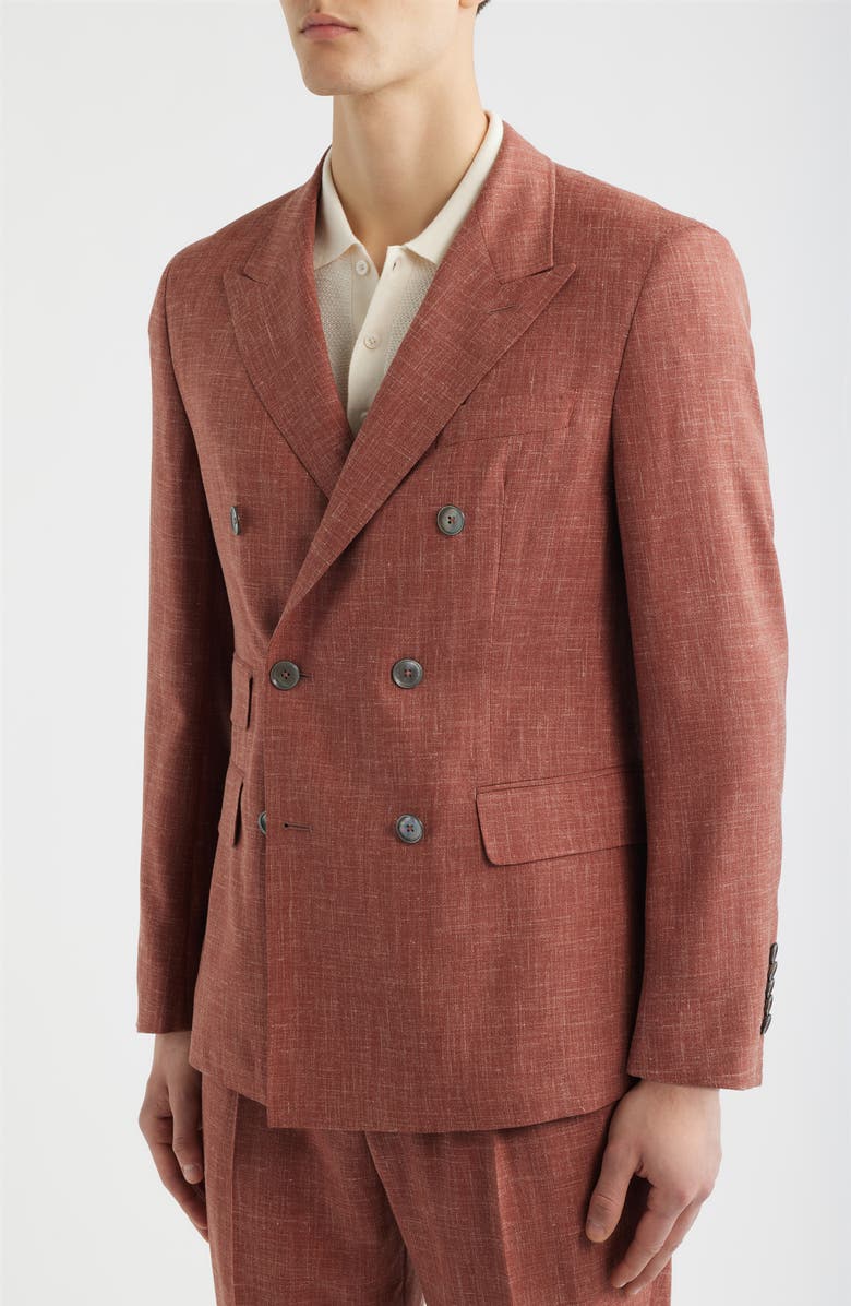 BOSS Heston Slim Fit Brown Slub Wool Blend Peak Lapel Double Breasted Suit, Alternate, color, Medium Brown