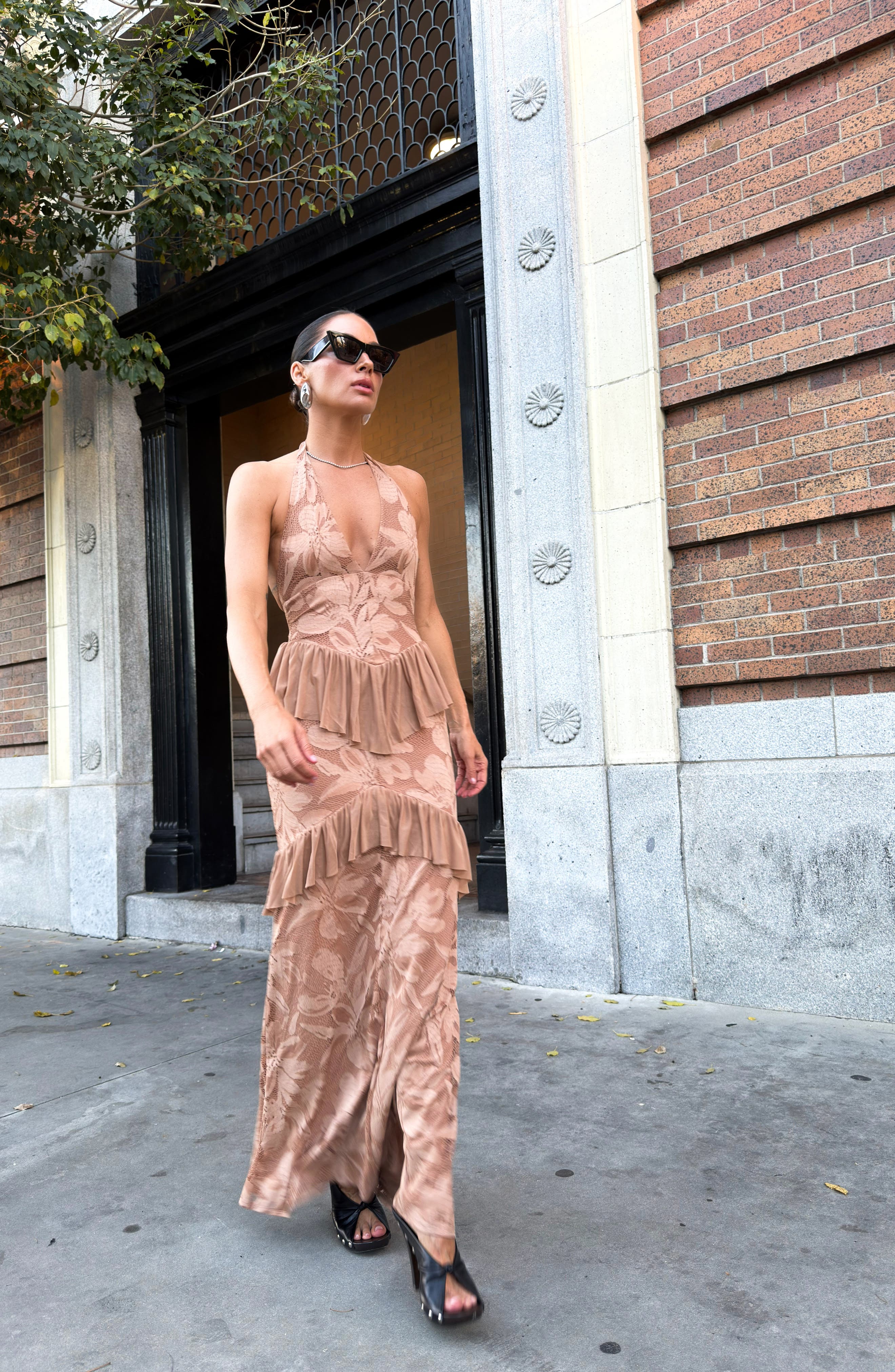 afrm halter ruffle maxi dress Athens Floral Lace Floral maxi