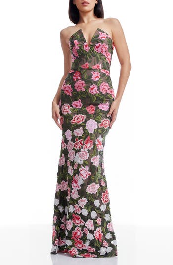 Dress the Population Fernanda Embroidered Floral Strapless Gown in Pink Rose Multi at Nordstrom Rack, Size Small