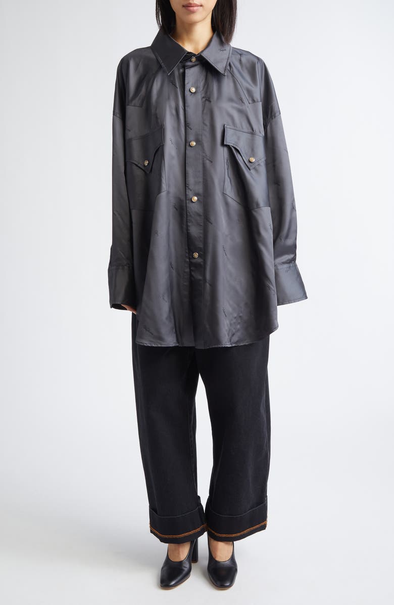 Vaquera Logo Jacquard Oversize Satin Western Shirt, Alternate, color, Dark Grey