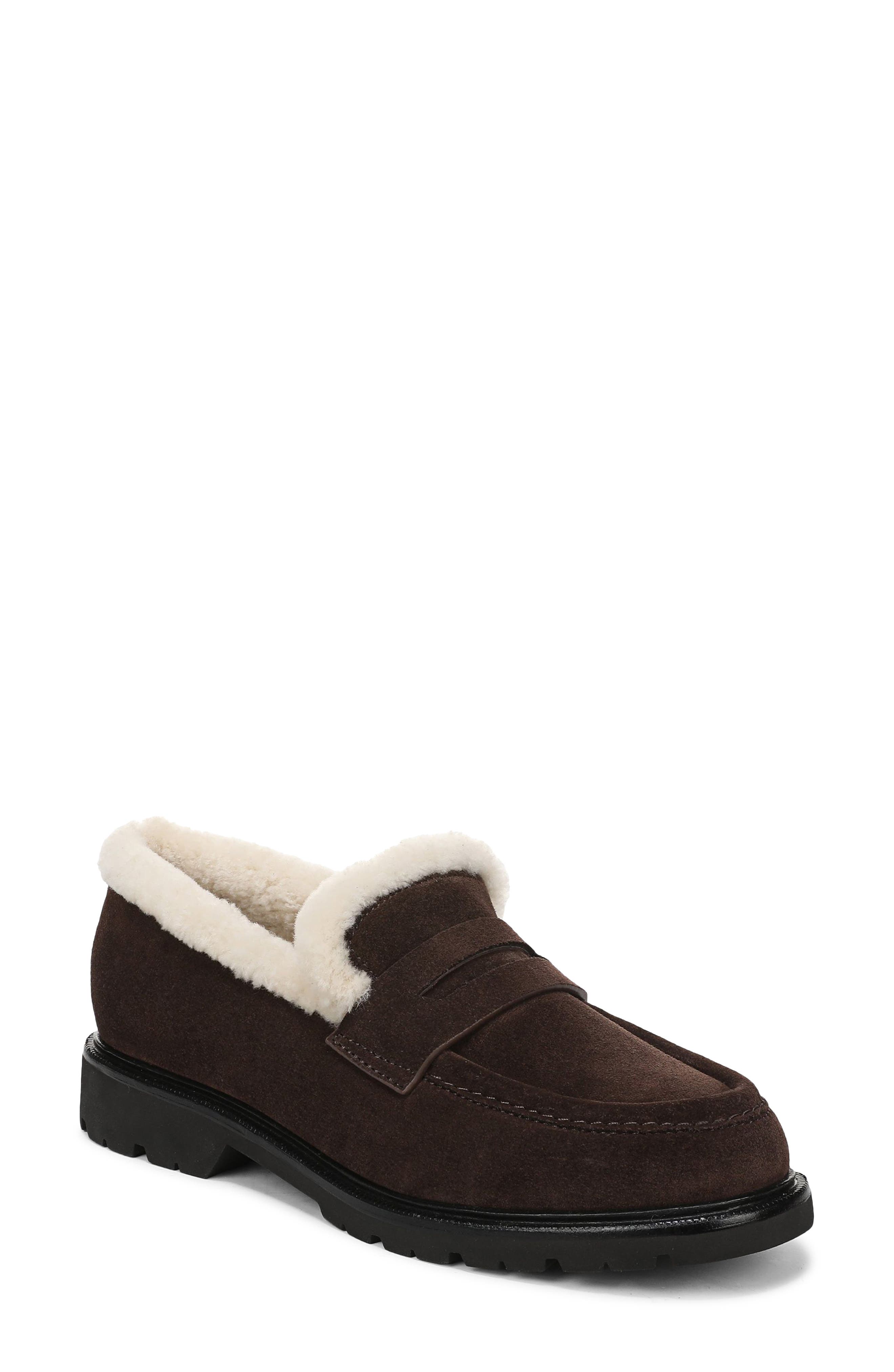 Siena Genuine Shearling Lined Lugged Penny Loafer, Main, color, CACAO BROWN SUEDE