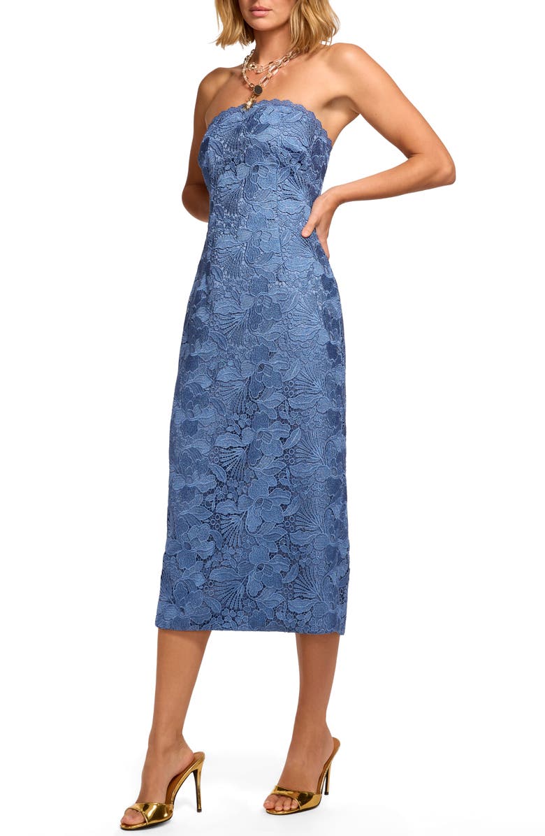 Ramy Brook Tessa Metallic Floral Strapless Lace Sheath Cocktail Dress, Main, color, 