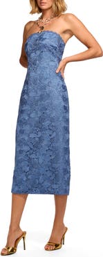 Ramy Brook Tessa Metallic Floral Strapless Lace Sheath Cocktail Dress