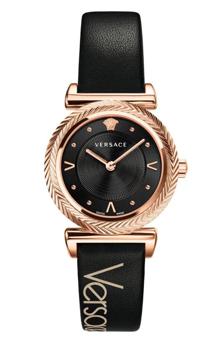 Versace V Motif Leather Strap Watch, 35mm, Main, color,