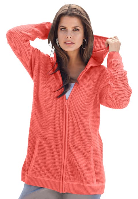 Plus Size Waffle Knit Zip-Front Relaxed Hoodie (Plus)