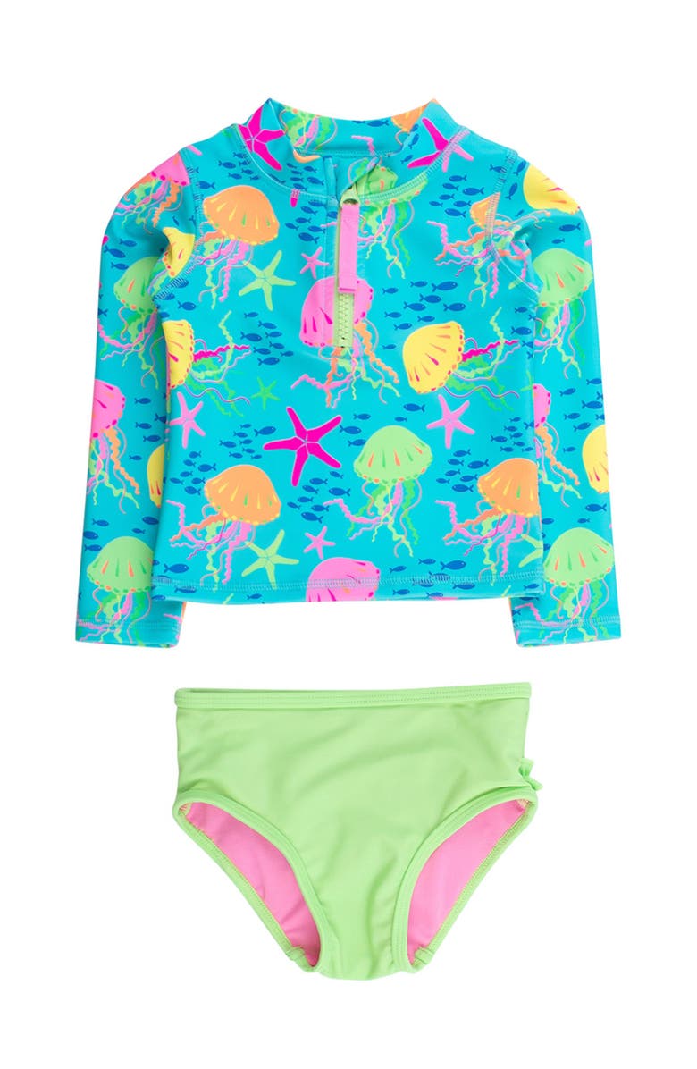 RuffleButts Toddler Girls UPF50+ Long Sleeve Zipper Rash Guard 2-Piece, Main, color, Neon Jelly Time
