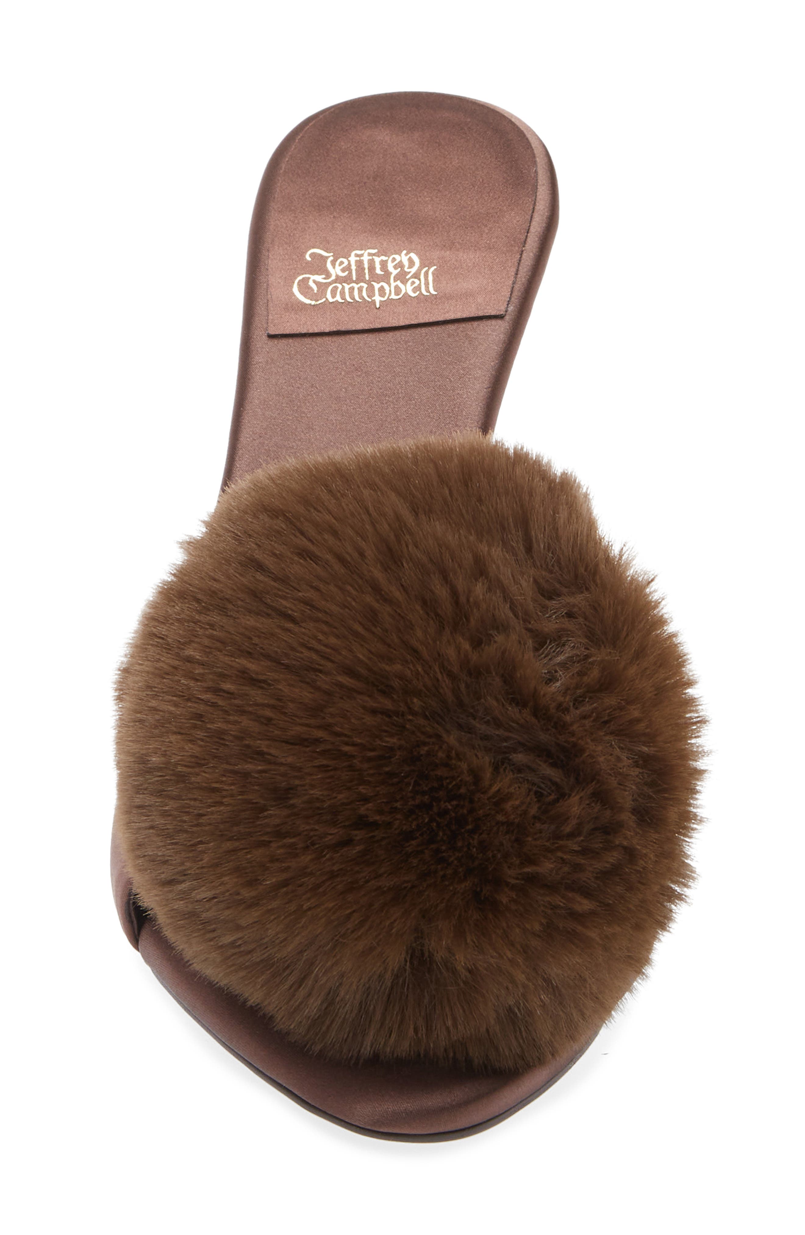 Jeffrey Campbell Shopaholic Faux Fur Pom Slide Sandal, Alternate, color, Brown Satin Combo