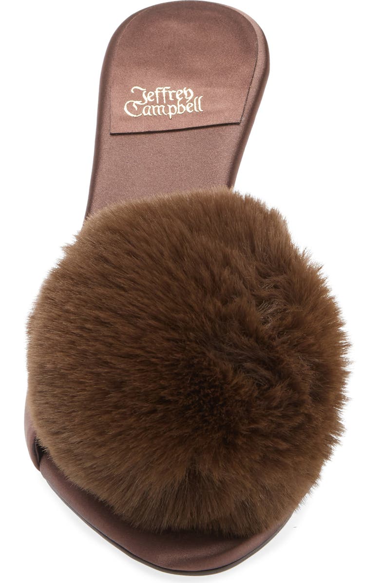 Jeffrey Campbell Shopaholic Faux Fur Pom Slide Sandal, Alternate, color, Brown Satin Combo