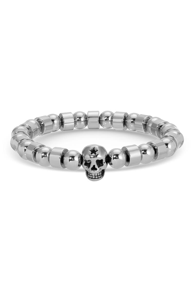 Set of 2 Skully Beaded Stretch Bracelets, Alternate, color, SILVER