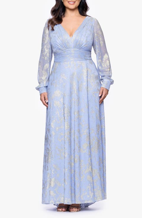 Metallic Jacquard Long Sleeve Gown (Plus)