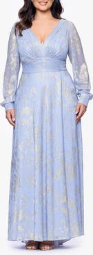 Betsy & Adam Metallic Jacquard Long Sleeve Gown