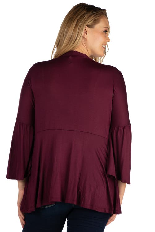 24seven Comfort Apparel Plus Size Bell Sleeve Flared Open Front Cardigan In Purple