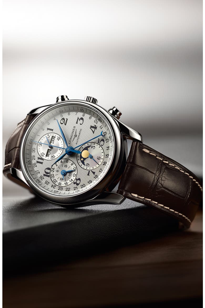 Master Automatic Chronograph Leather Strap Watch, 42mm, Alternate, color, BROWN/ SILVER