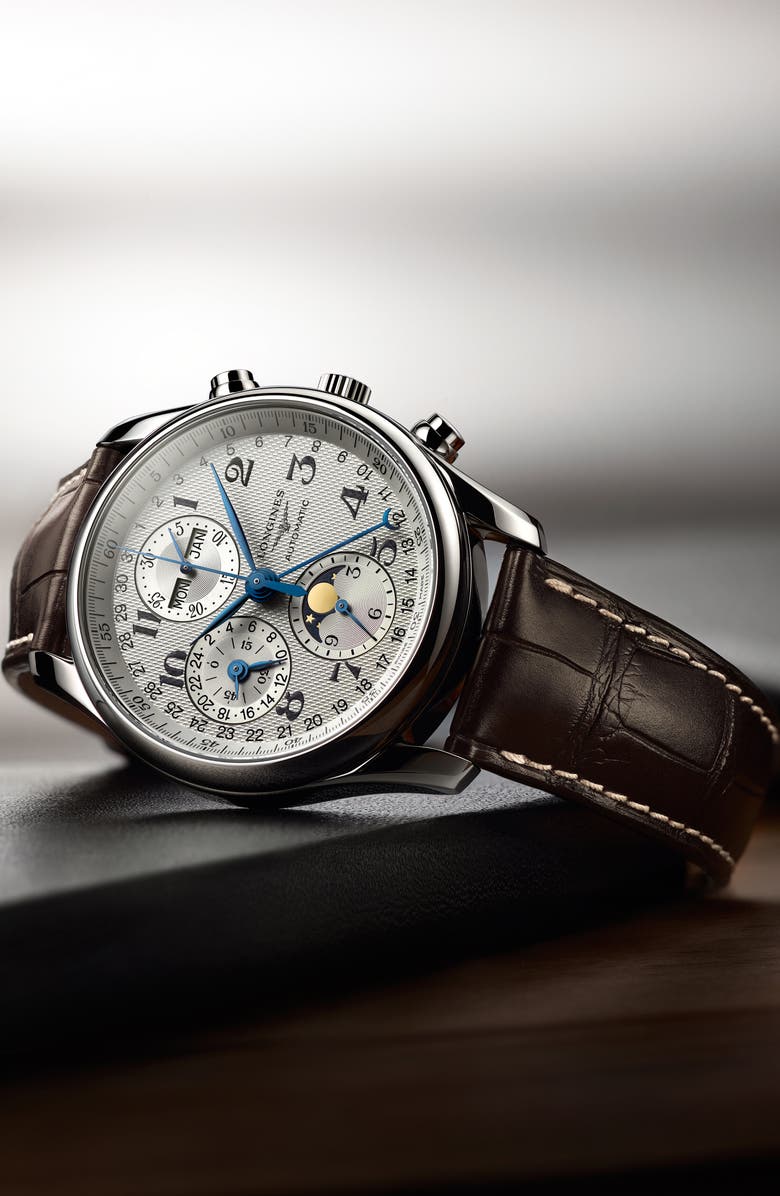 Longines Master Automatic Chronograph Leather Strap Watch, 42mm, Alternate, color,