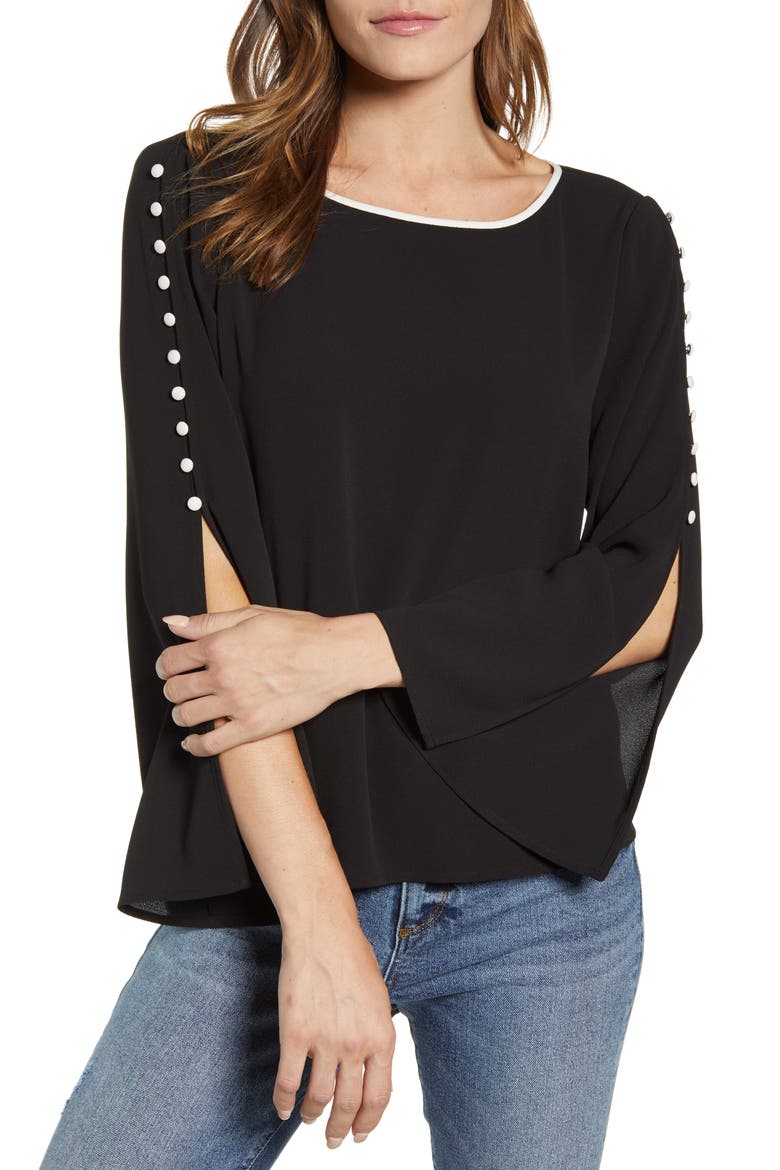 Button Split Sleeve Top, Main, color, RICH BLACK