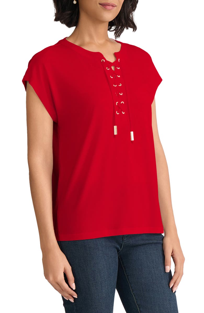 Jones New York Lace-Up Crepe Top, Alternate, color, Rouge