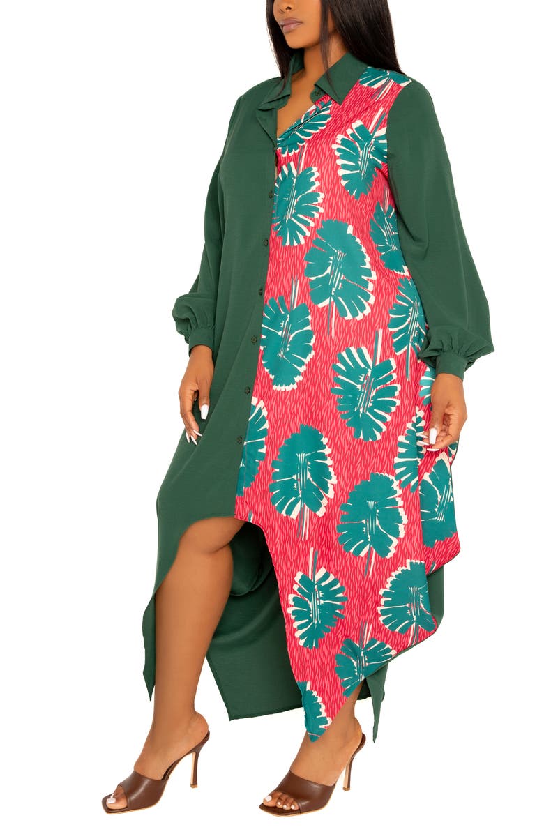 BUXOM COUTURE Solid & Print Long Sleeve Asymmetric Maxi Shirtdress, Alternate, color, Green Multi