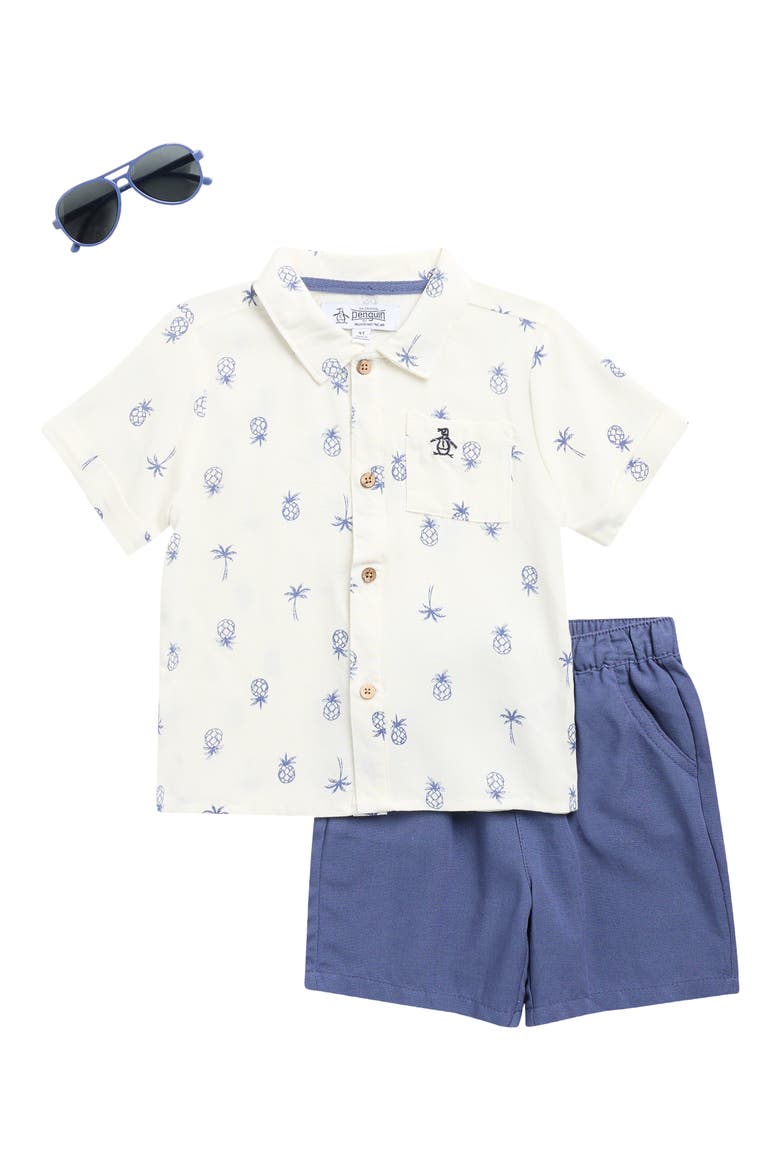 Kids' Short Sleeve Button-Up Camp Shirt, Shorts & Sunglasses Set, Main, color, EGRET GRAY BLUE