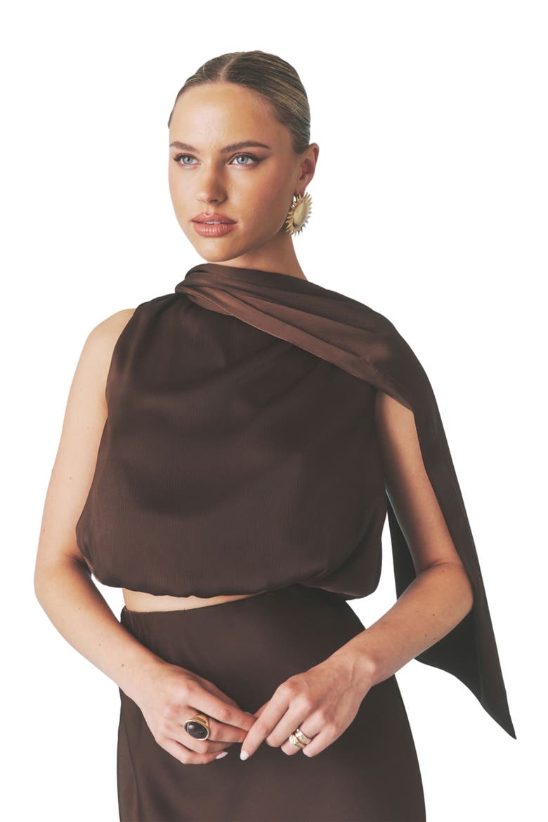 Satin Drape Detail High Neck Top, Alternate, color, Chocolate