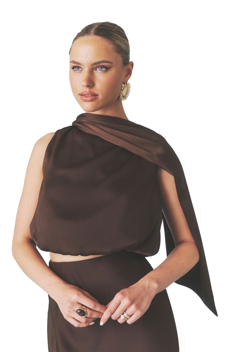 Six Stories Satin Drape Detail High Neck Top, Alternate, color, Chocolate