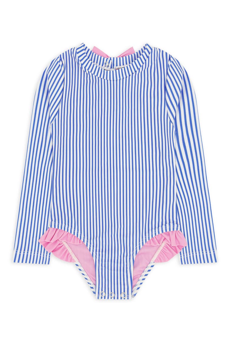 Kids' Stripe Ruffle Long Sleeve UPF 50+ One-Piece Rashguard Swimsuit, Main, color, MARINA BLUE